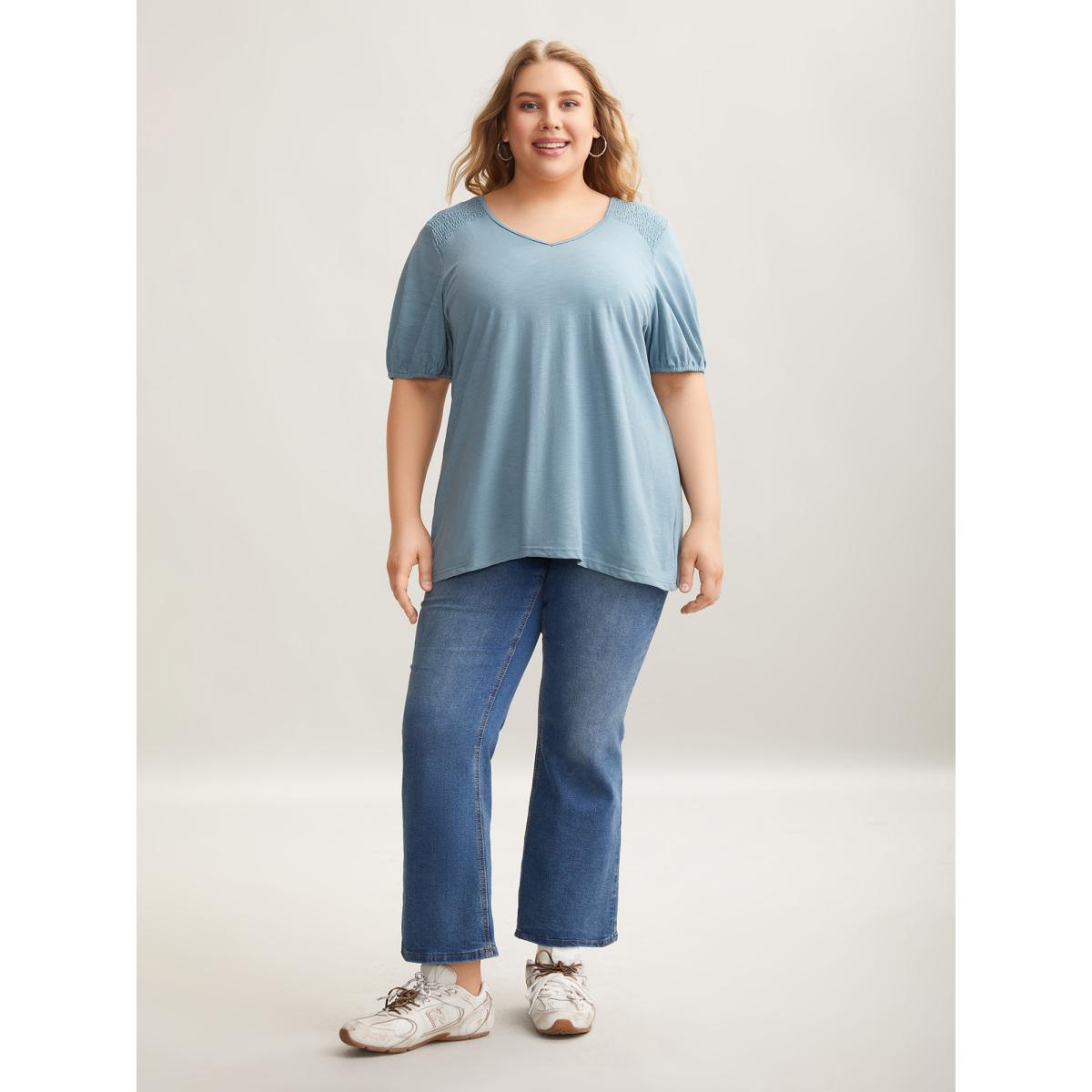 Plus Size Bamboo Shirred Shoulder V-Neck T-Shirt Stone Women Casual Shirred V-neck Everyday T-shirts BloomChic 26/4X Product Image