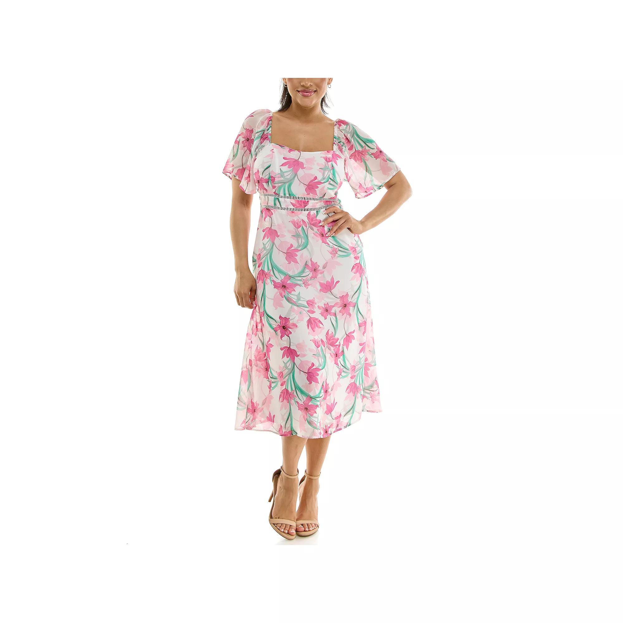 Women's Nina Leonard Floral Flutter Sleeve Sweetheart Neck Dress,  Product Image
