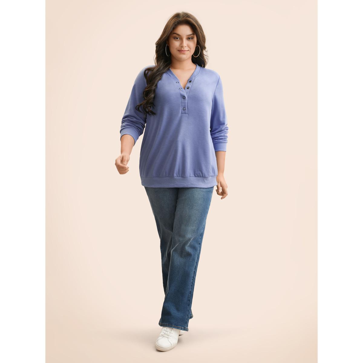 Plus Size Plain Notched Collar Button Up Sweatshirt Women Bluepurple Casual Patchwork Notched collar Everyday Sweatshirts BloomChic 10/M Product Image