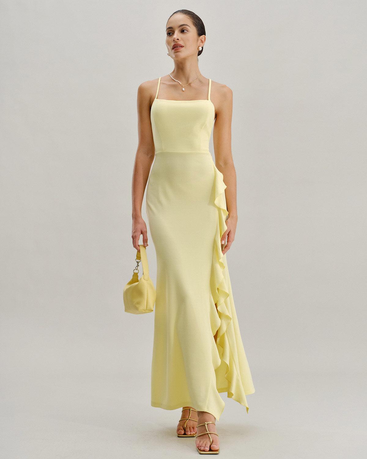Yellow Ruffle Backless Slit Slip Maxi Dress Product Image