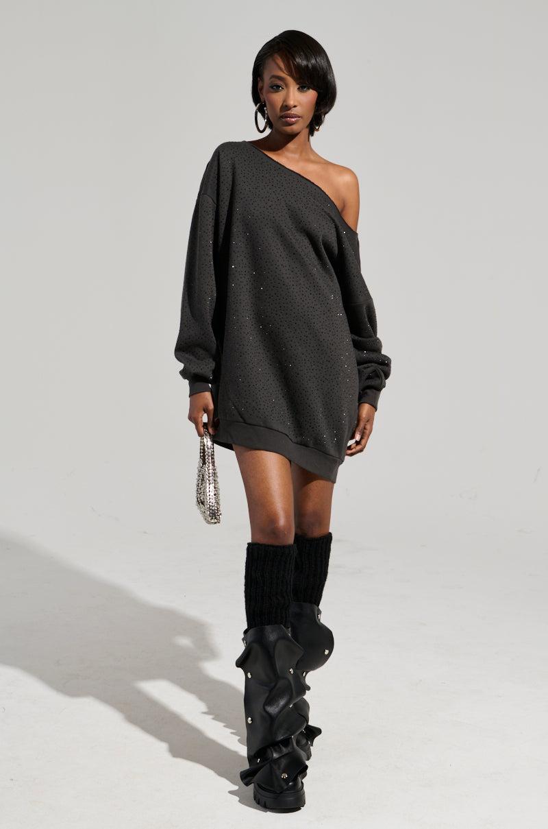 STREET STYLE OVERSIZED RHINESTONE SWEATSHIRT DRESS Product Image