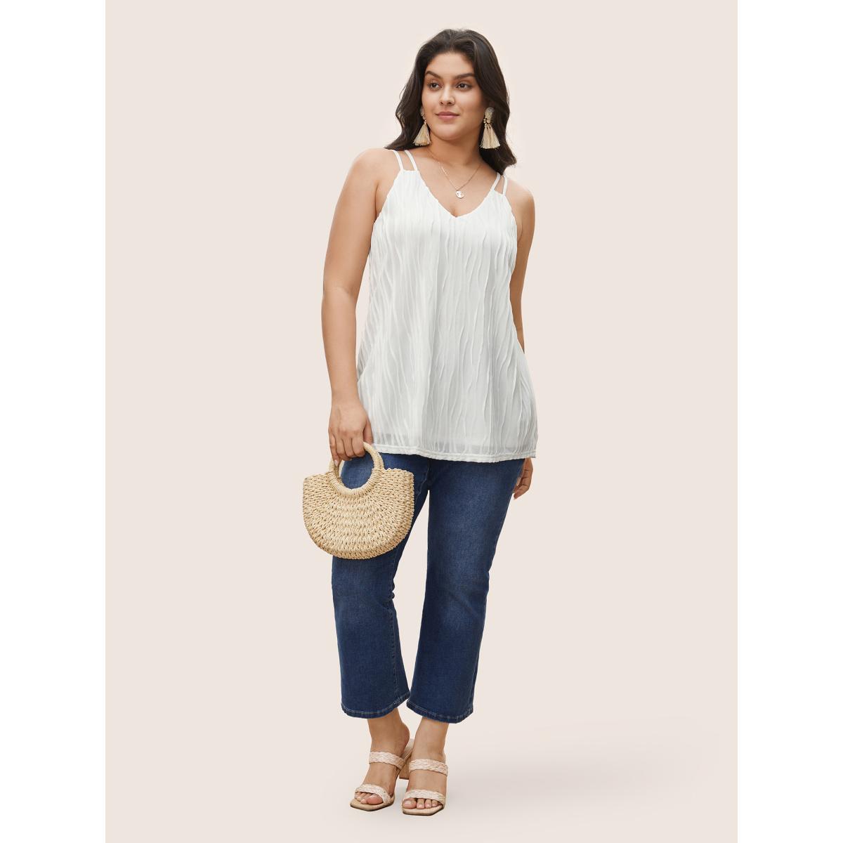 Plus Size Plain Plisse Deep V Neck Cami Top Women White Elegant Non V-neck Everyday Tank Tops Camis BloomChic 22-24/3X Product Image