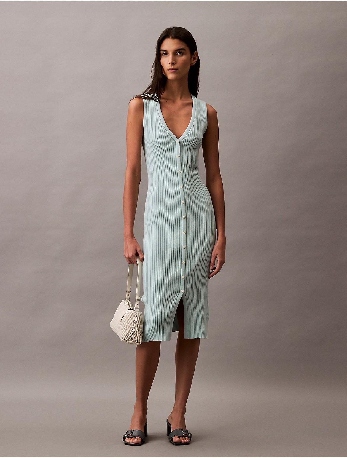 Calvin Klein Womens Smooth Cotton Rib Sweater Midi V-Neck Dress - Black Product Image