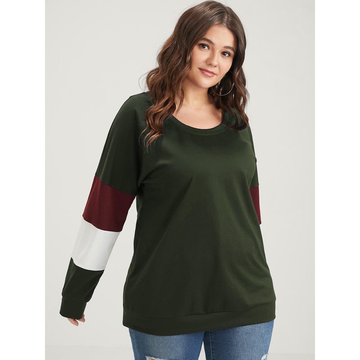 Plus Size Colorblock Patchwork Round Neck Drop Shoulder Sweatshirt Women ArmyGreen Casual Contrast Round Neck Dailywear Sweatshirts BloomChic 18-20/2X Product Image