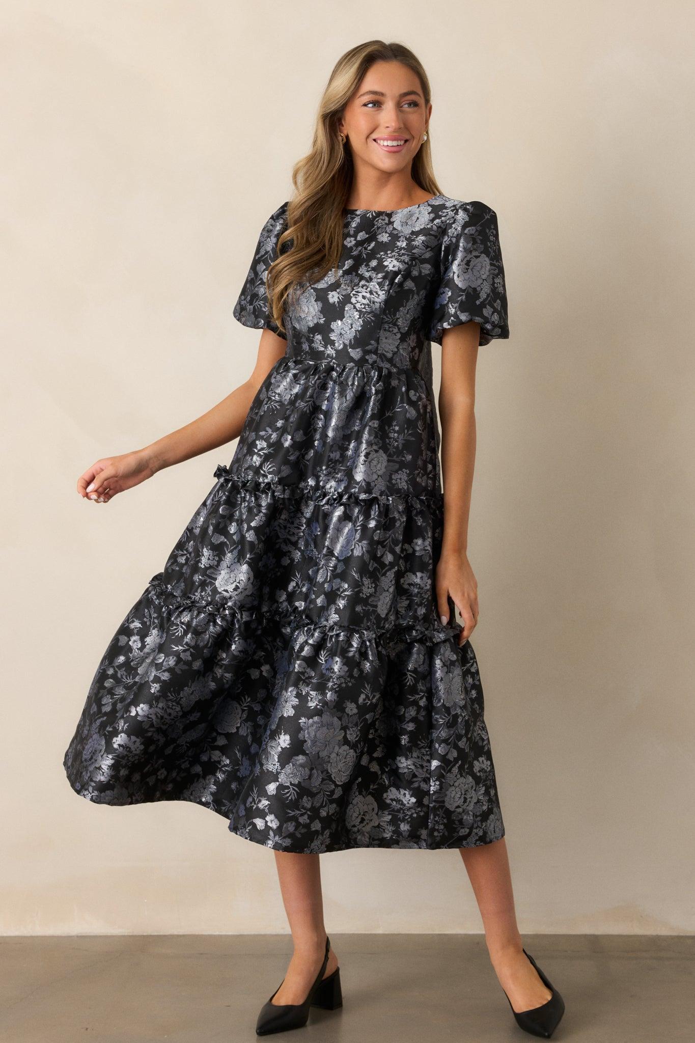 Follow My Lead Black Floral Jacquard Midi Dress Product Image