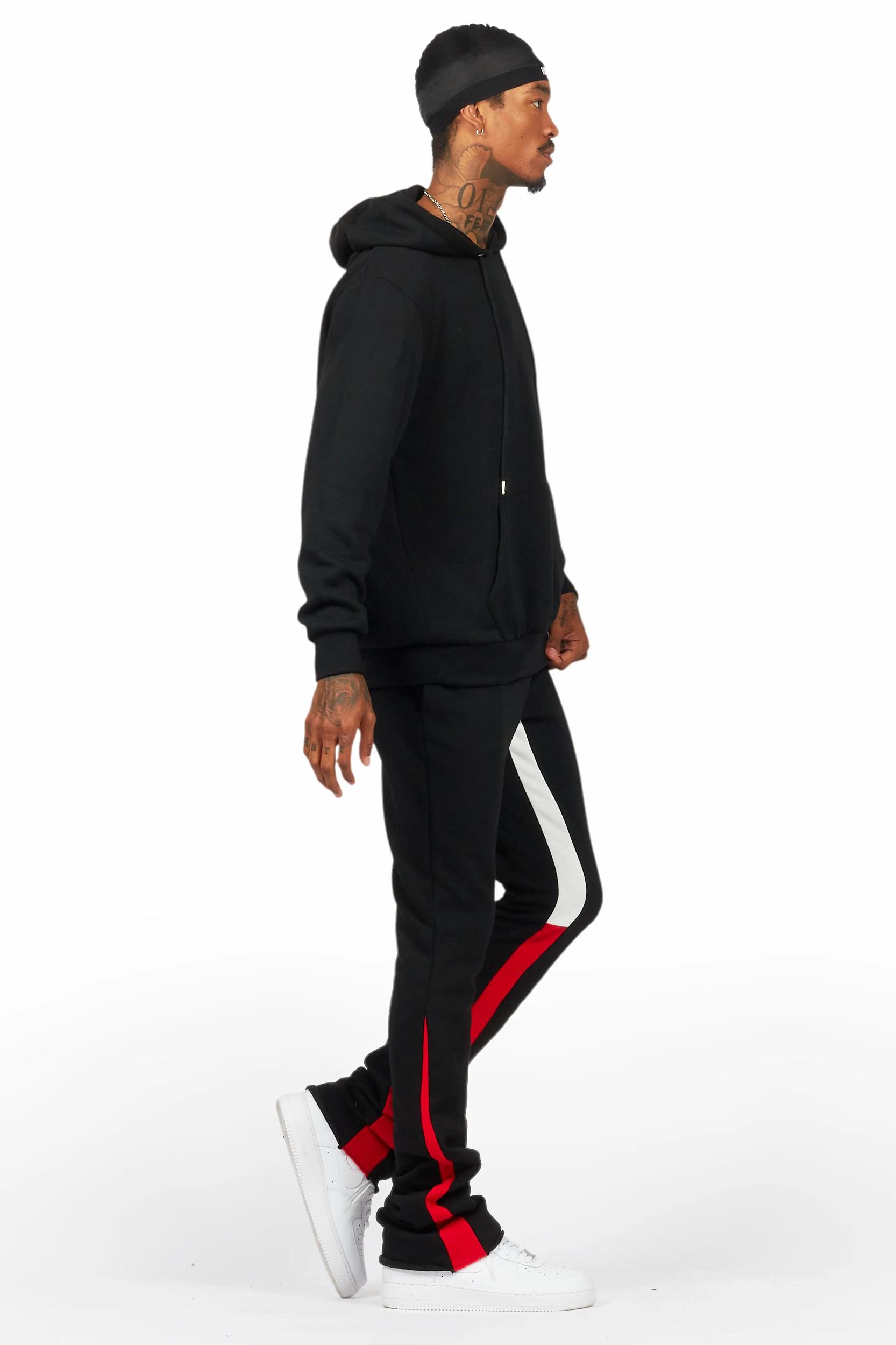 Basic Black/Red Hoodie/Stacked Flare Track Set Male Product Image