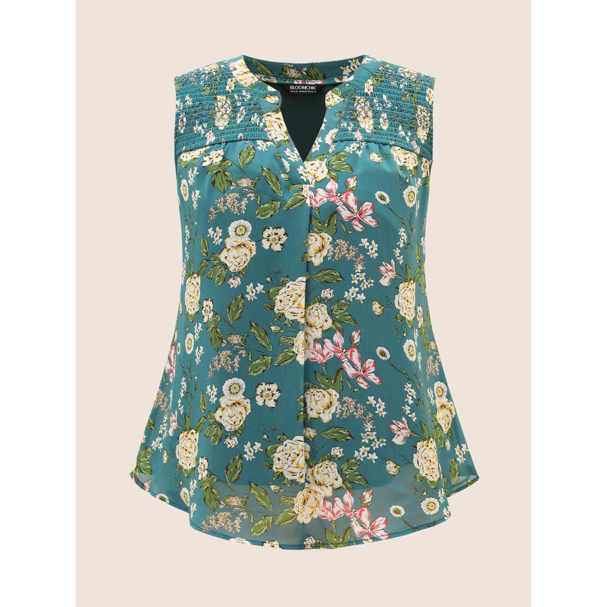 Plus Size Notched Collar Floral Print Shirred Tank Top Women Teal Elegant Contrast Notched collar Everyday Tank Tops Camis BloomChic 14-16/1X Product Image