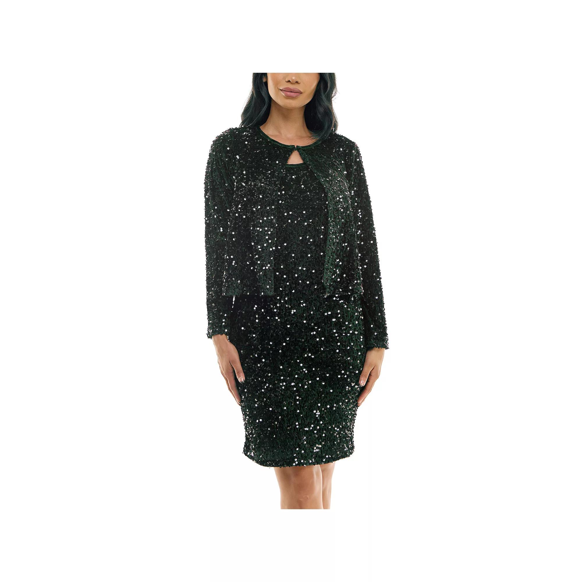 Women's Nina Leonard Sequin Mesh Cardigan & Sequin Sheath Dress Set,  Product Image