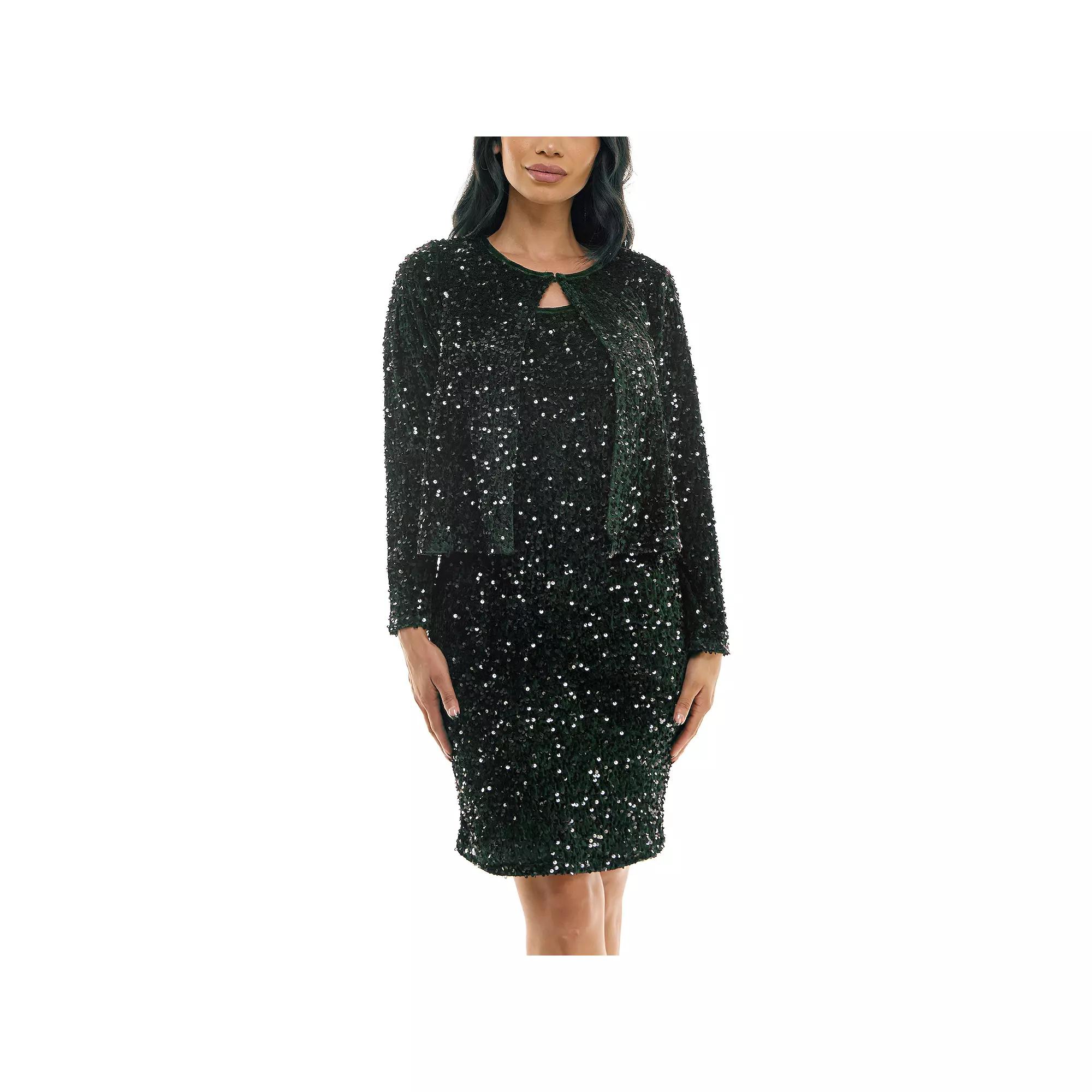 Women's Nina Leonard Sequin Mesh Cardigan & Sequin Sheath Dress Set,  Product Image