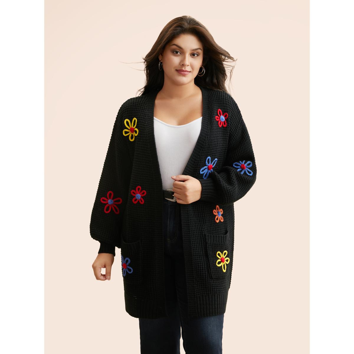 Plus Size Crochet Floral Puff Sleeve Pocket Cardigan Black Women Casual Loose Long Sleeve Everyday Cardigans BloomChic 28/5X Product Image
