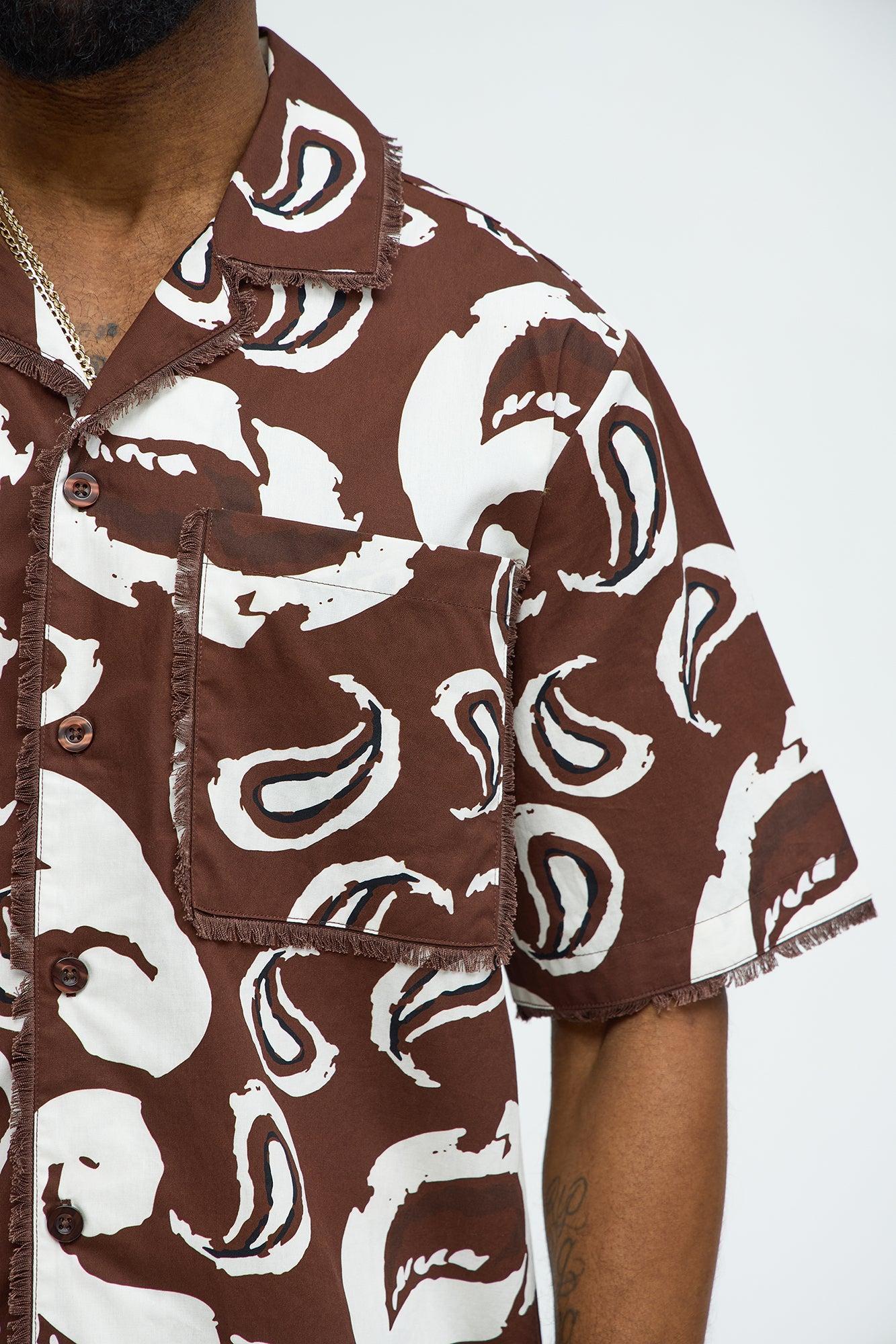 Paisley Print Frayed Shirt - Brown/combo Product Image