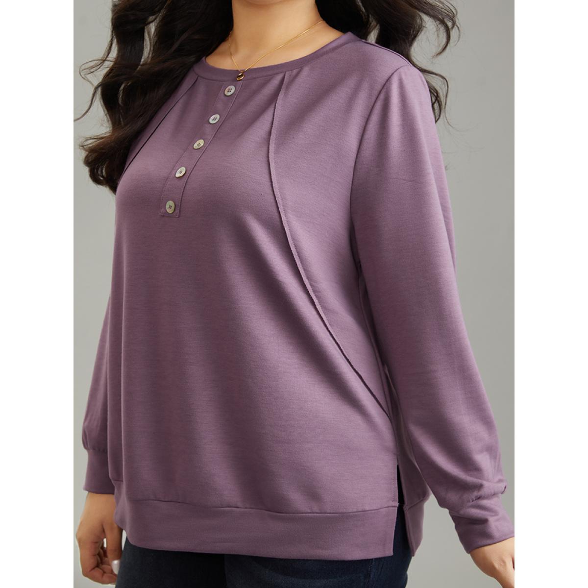 Plus Size Plain Button Detail Round Neck Knit Sweatshirt Women Mauve Casual Plain Round Neck Everyday Sweatshirts BloomChic 10/M Product Image