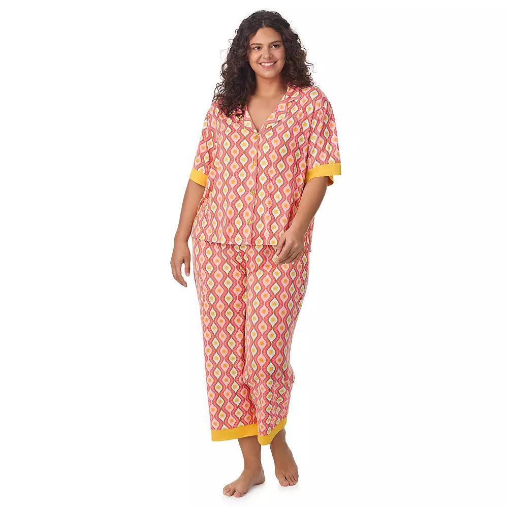 Plus Size Beauty Sleep Social 2-Piece Cozy Notch Pajama Top & Cropped Pajama Pants Set, Women's, Size: 2XL, Yellow Product Image