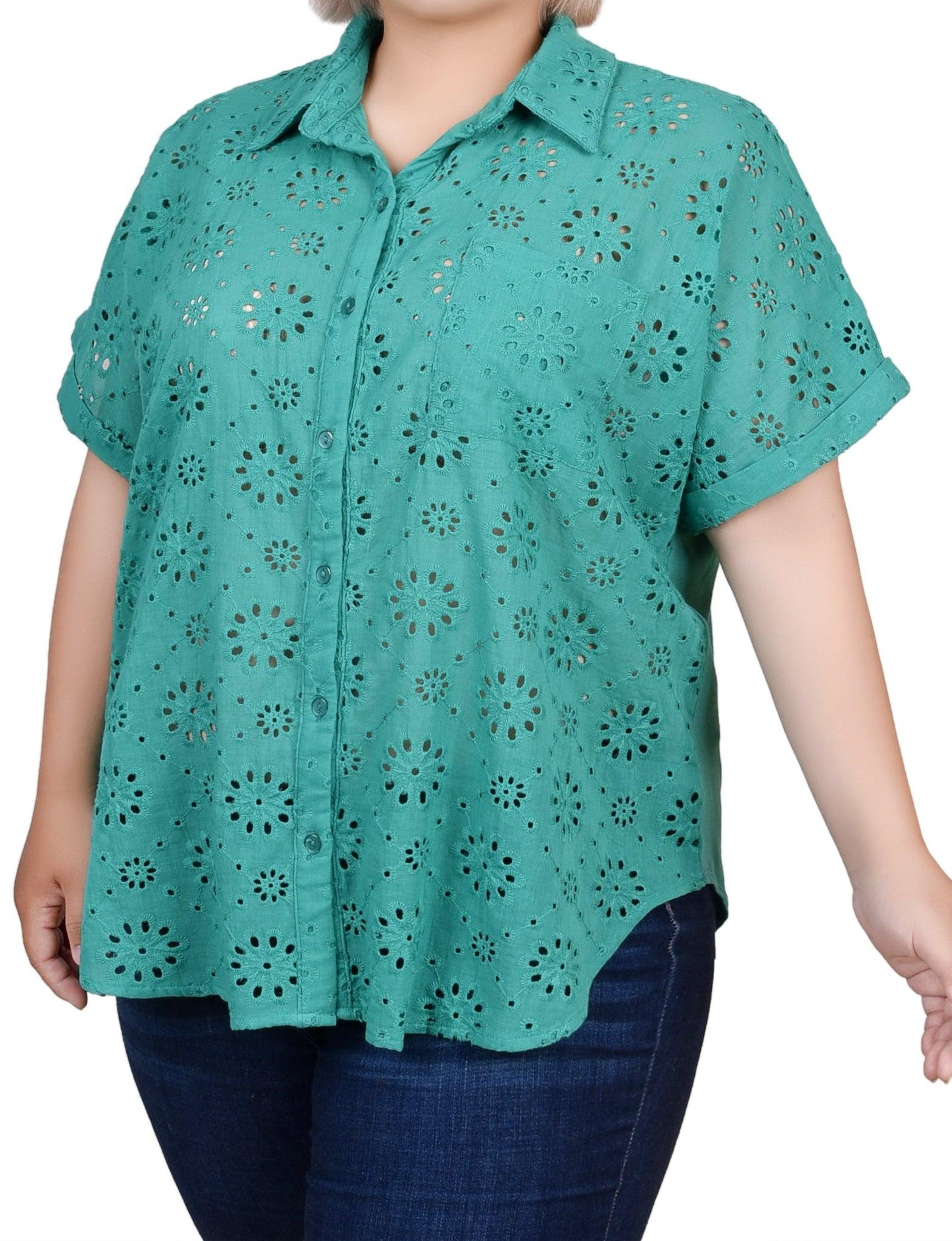 Short Sleeve Eyelet/Jersey Blouse - Plus Product Image