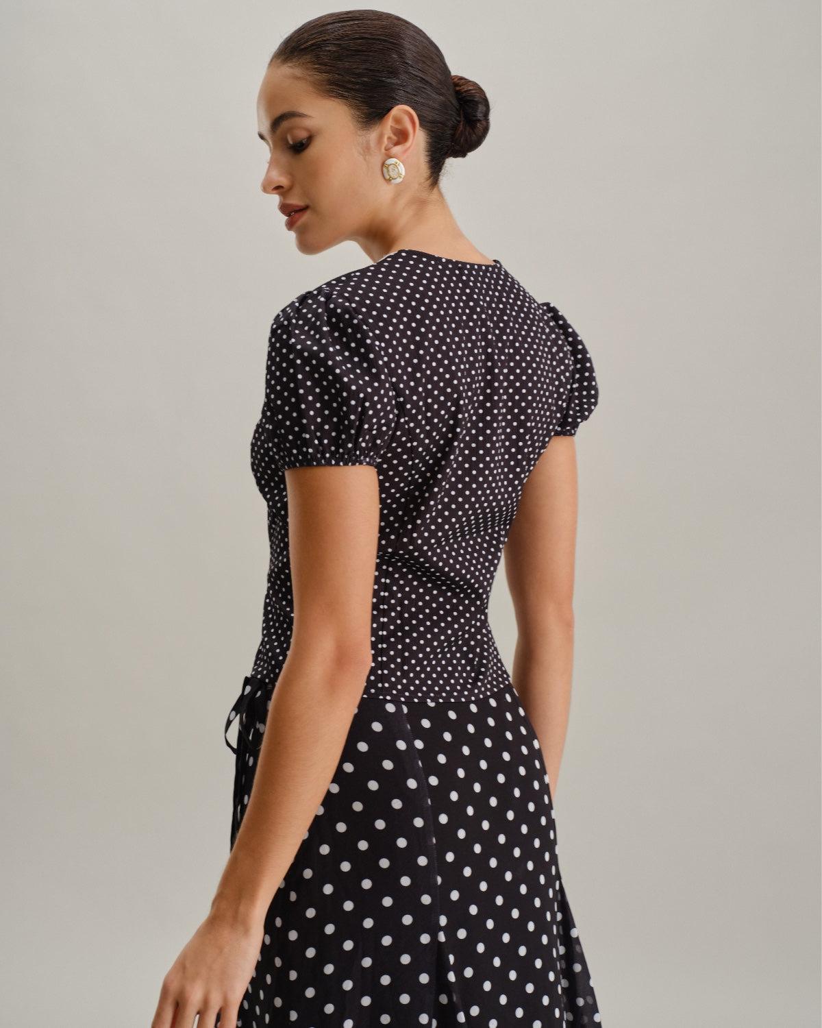 Black Polka Dot Lace Trim Blouse Product Image