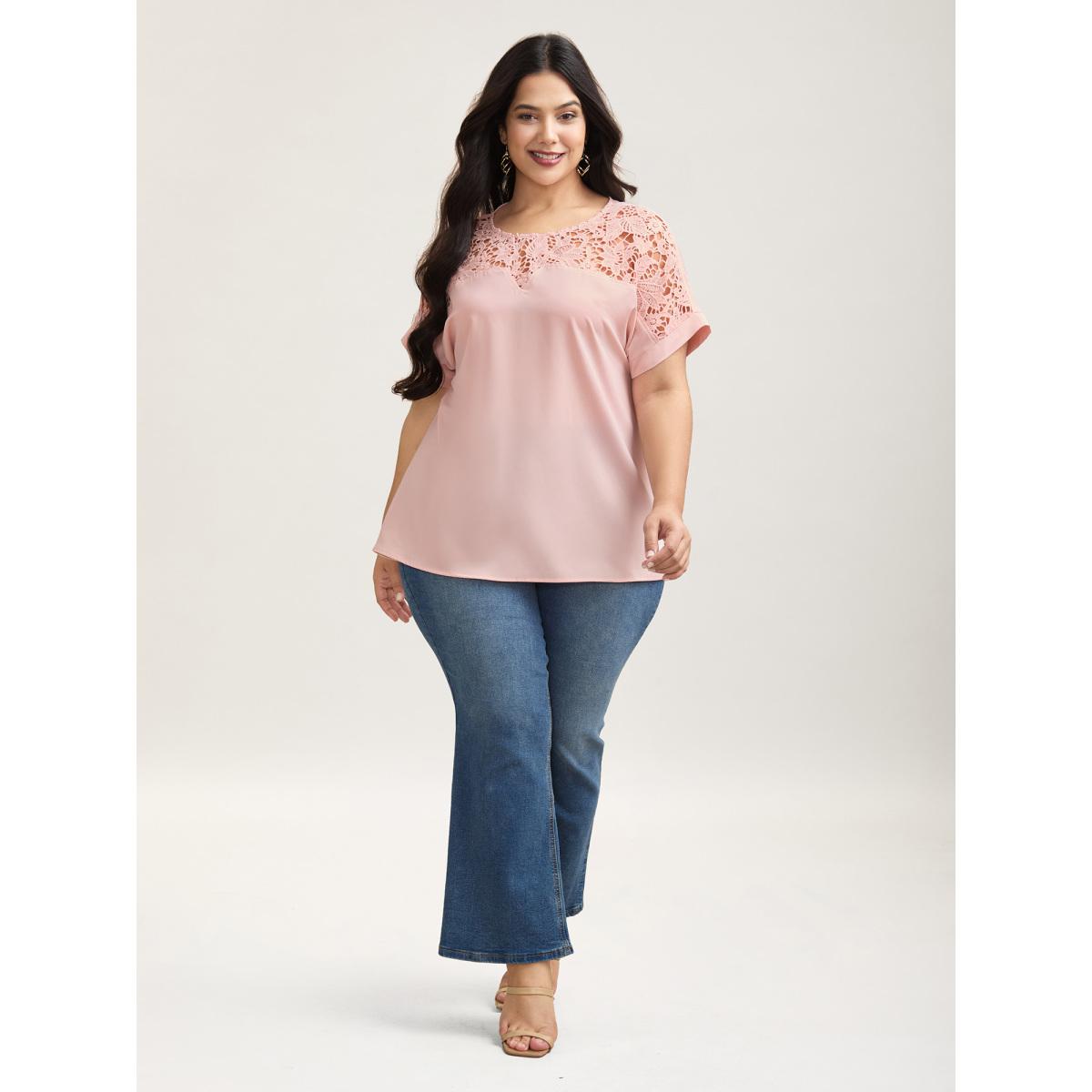 Plus Size Nudepink Sheer Lace Neck Half Sleeve Shirt Women Elegant Short sleeve Round Neck Everyday Blouses BloomChic 18-20/2X Product Image