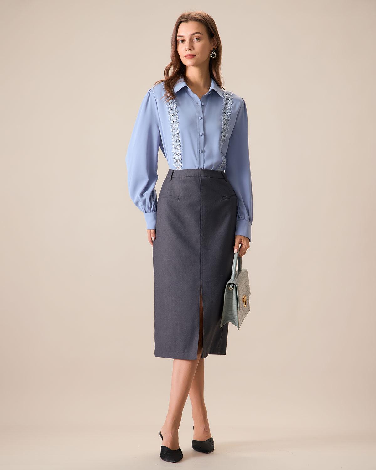 Women's Blue Lace Trim Shirt Female Product Image