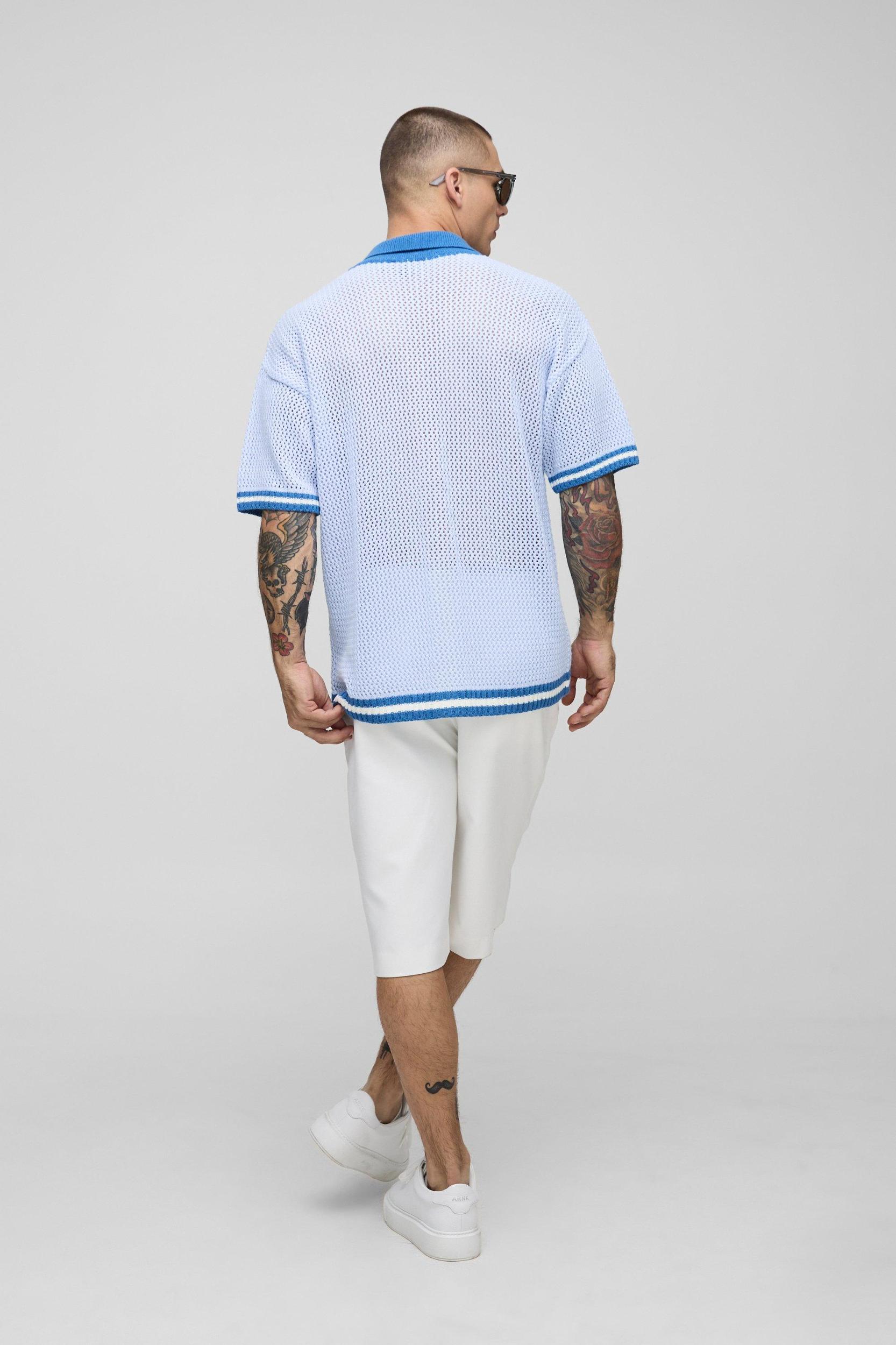 Relaxed Fit Striped Hem Open Stitch Knitted Shirt | boohooMAN USA Product Image