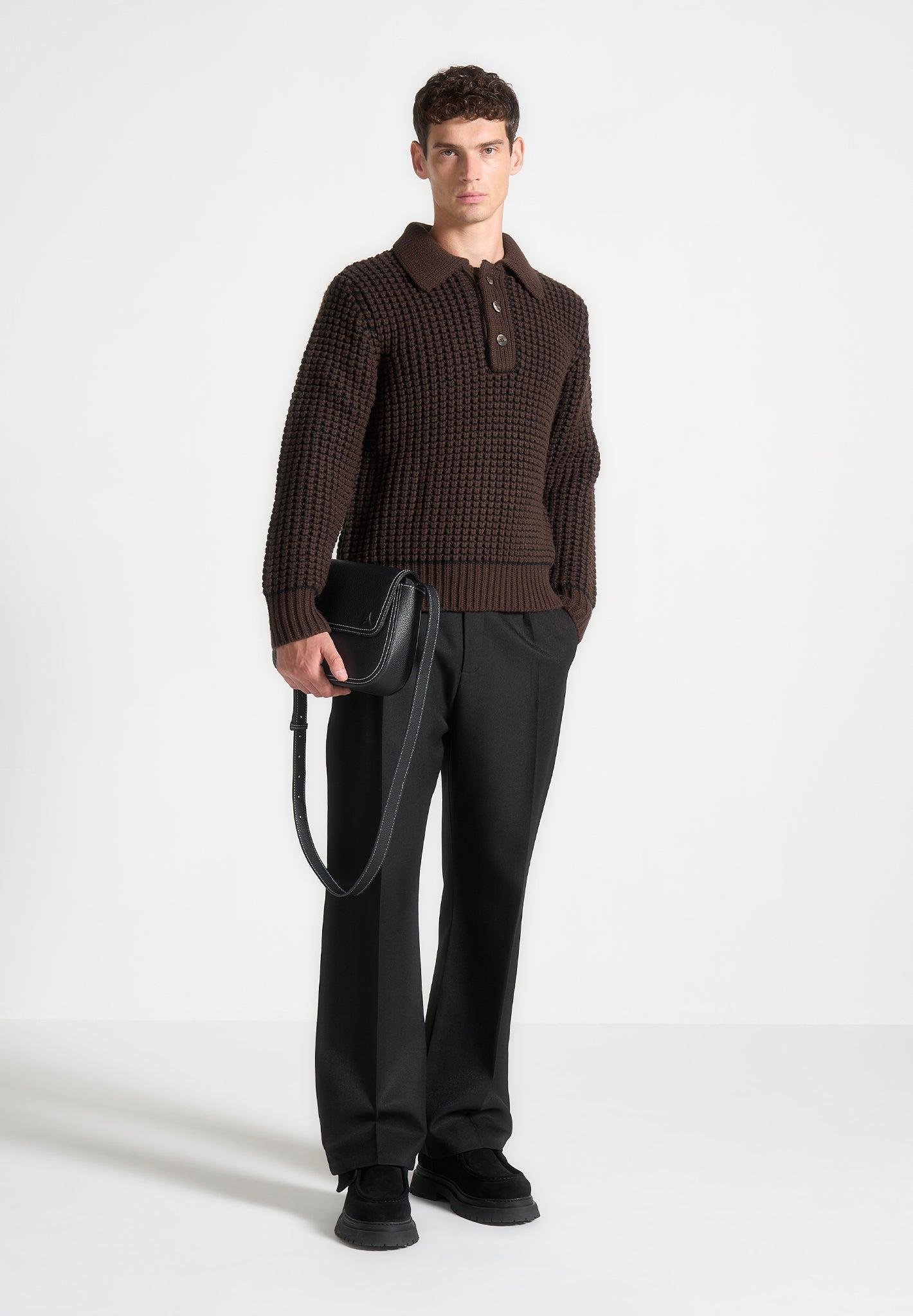 Textured Wool Knit Polo Jumper - Brown Male Product Image