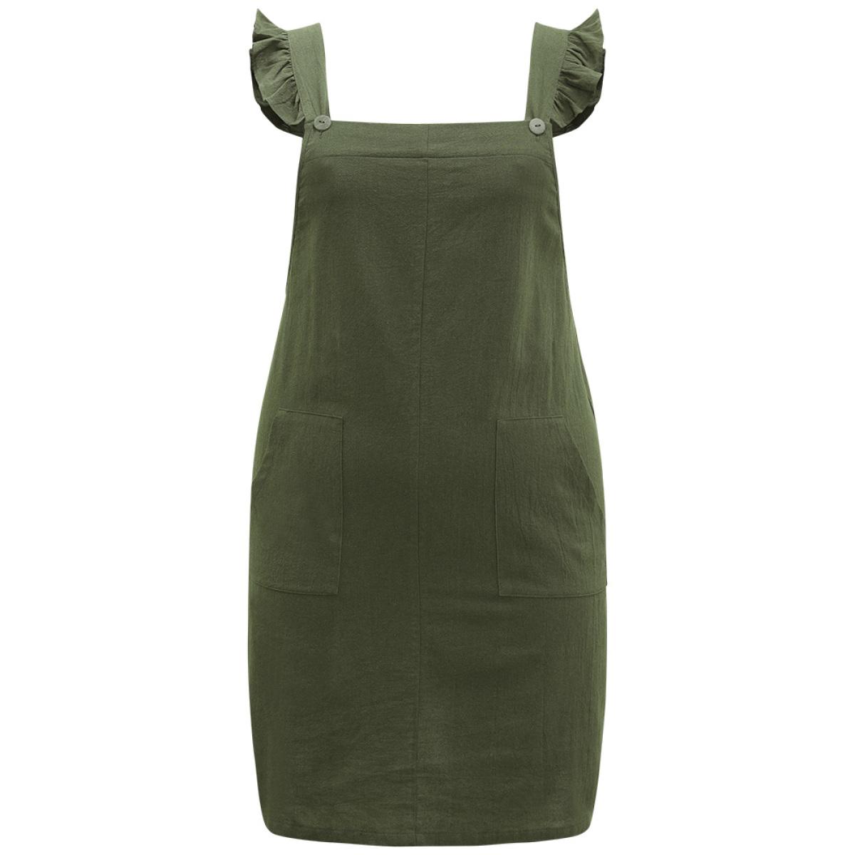 Plus Size Solid Square Neck Button Up Pocket Ruffle Trim Cami Dress ArmyGreen Women Casual Plain Spaghetti Strap Sleeveless Curvy Knee Dress BloomChic 10/M Product Image