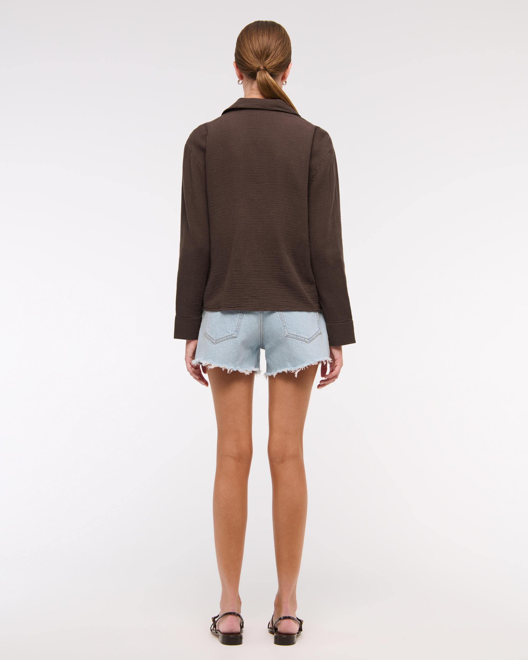 Long-Sleeve Oversized Tie-Front Gauzy Shirt Product Image