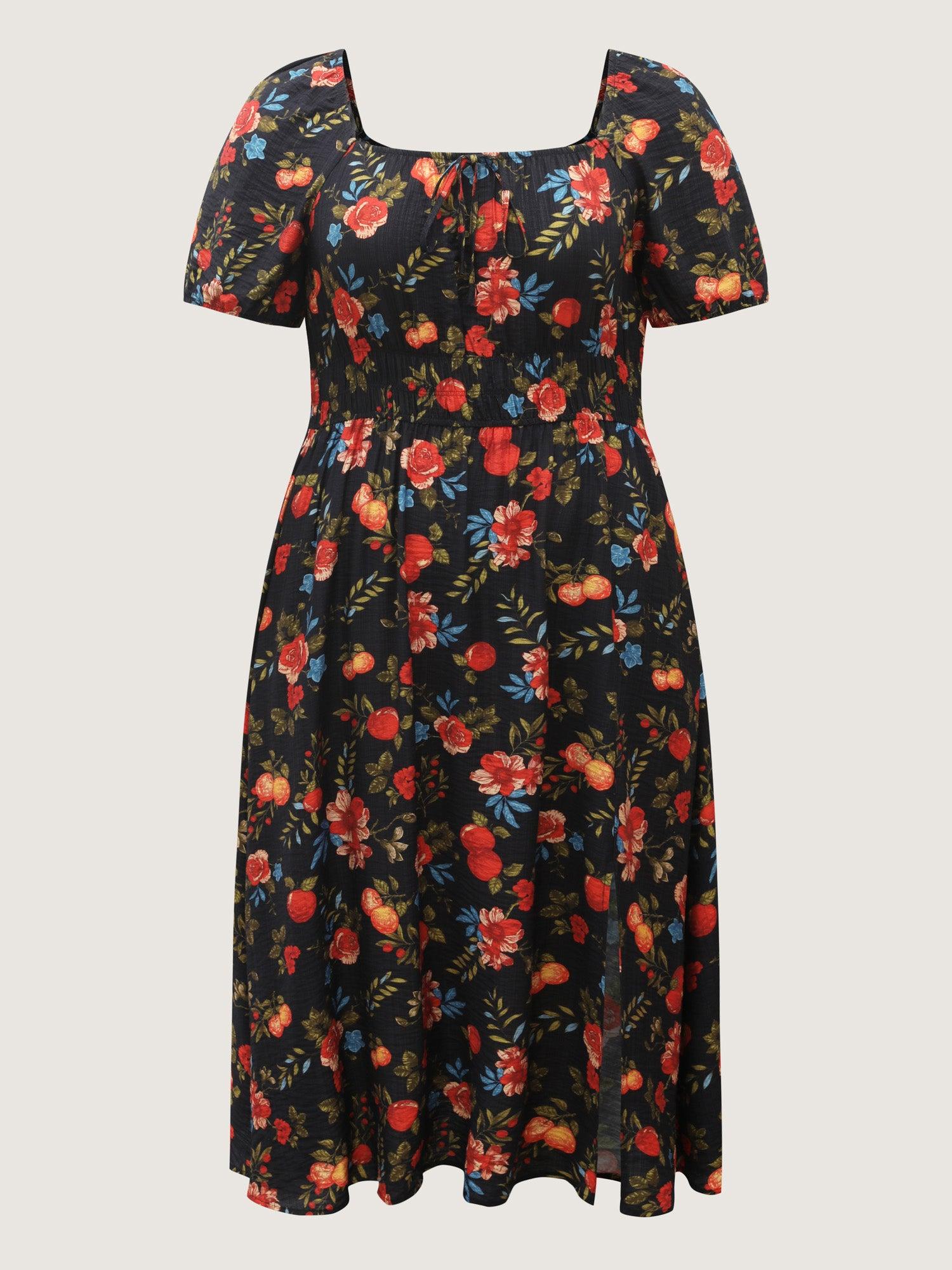 Fall Fruity Floral Waist-Cinched Midi Dress Female Product Image