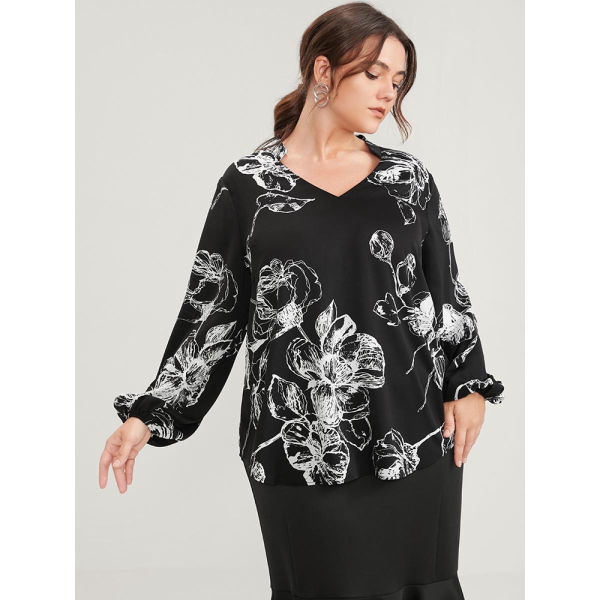 Plus Size Black Floral Printed Lantern Sleeve V Neck Blouse Women Office Long Sleeve V-neck Work Blouses BloomChic 22-24/3X Product Image
