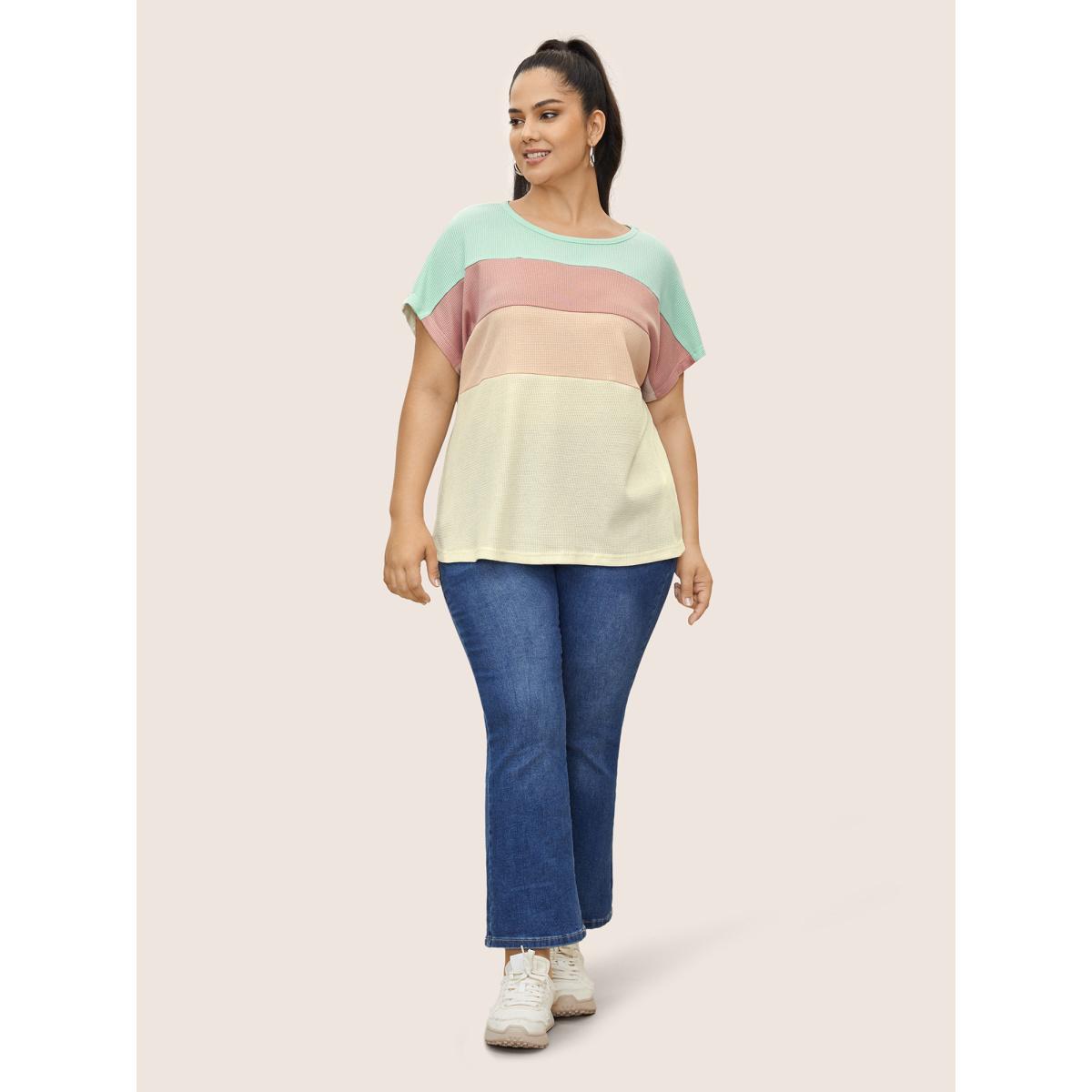 Plus Size Waffle Knit Colorblock Contrast Dolman Sleeve T-shirt Multicolor Women Casual Texture Round Neck Everyday T-shirts BloomChic 10/M Product Image