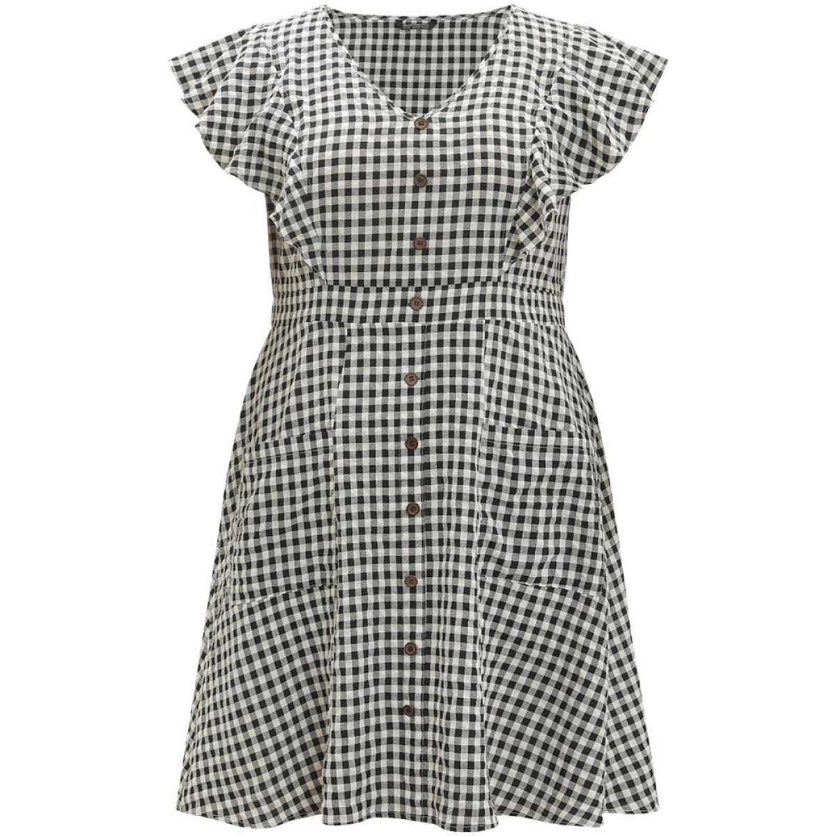 Plus Size Gingham Button Detail Pocket Ruffle Cap Sleeve Dress Black Women Elegant Button V-neck Cap Sleeve Curvy Knee Dress BloomChic 28/5X Product Image