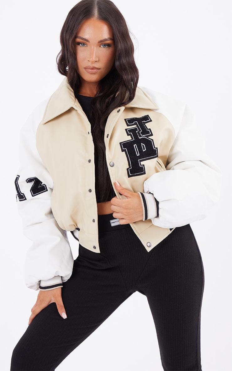 Beige Faux Leather Raglan Sleeve Cropped Varsity Bomber Jacket Product Image