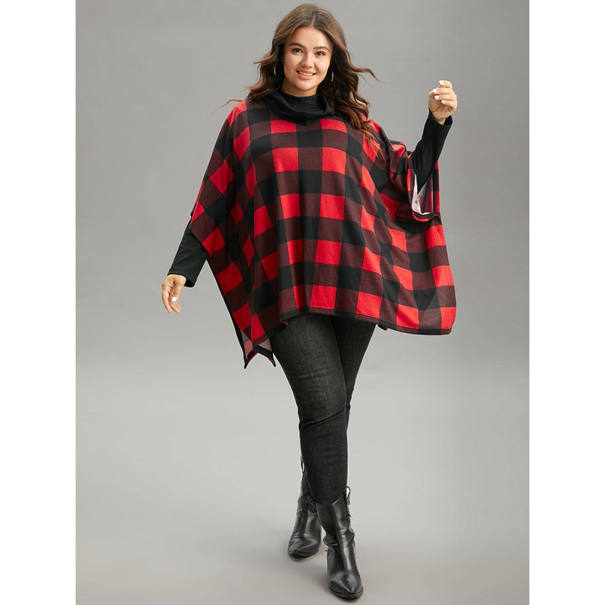 Plus Size Plaid Cowl Neck Dolman Sleeve Asymmetrical Hem Sweatshirt Women Red Casual Contrast Cowl Neck Festival-Christmas Sweatshirts BloomChic 12/L Product Image