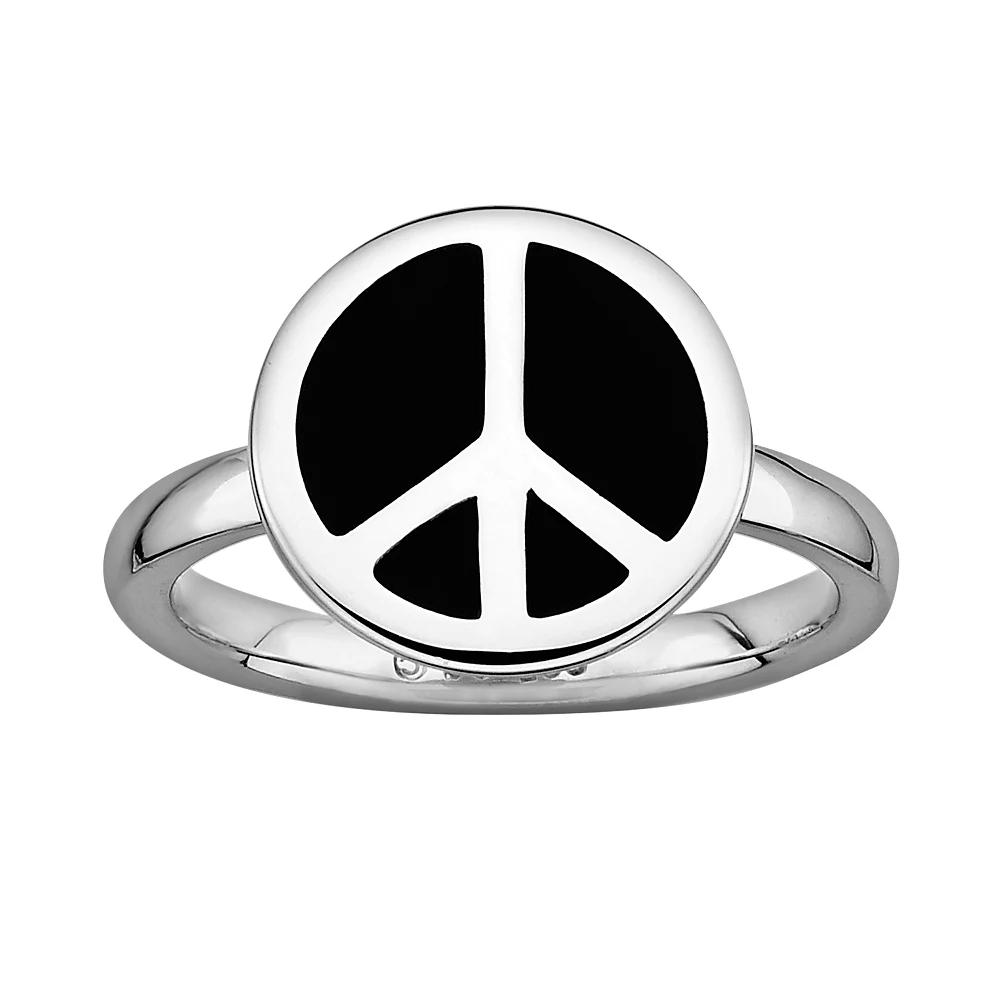 Stacks & Stones Sterling Silver Black Enamel Peace Sign Stack Ring, Women's, Size: 7 Product Image