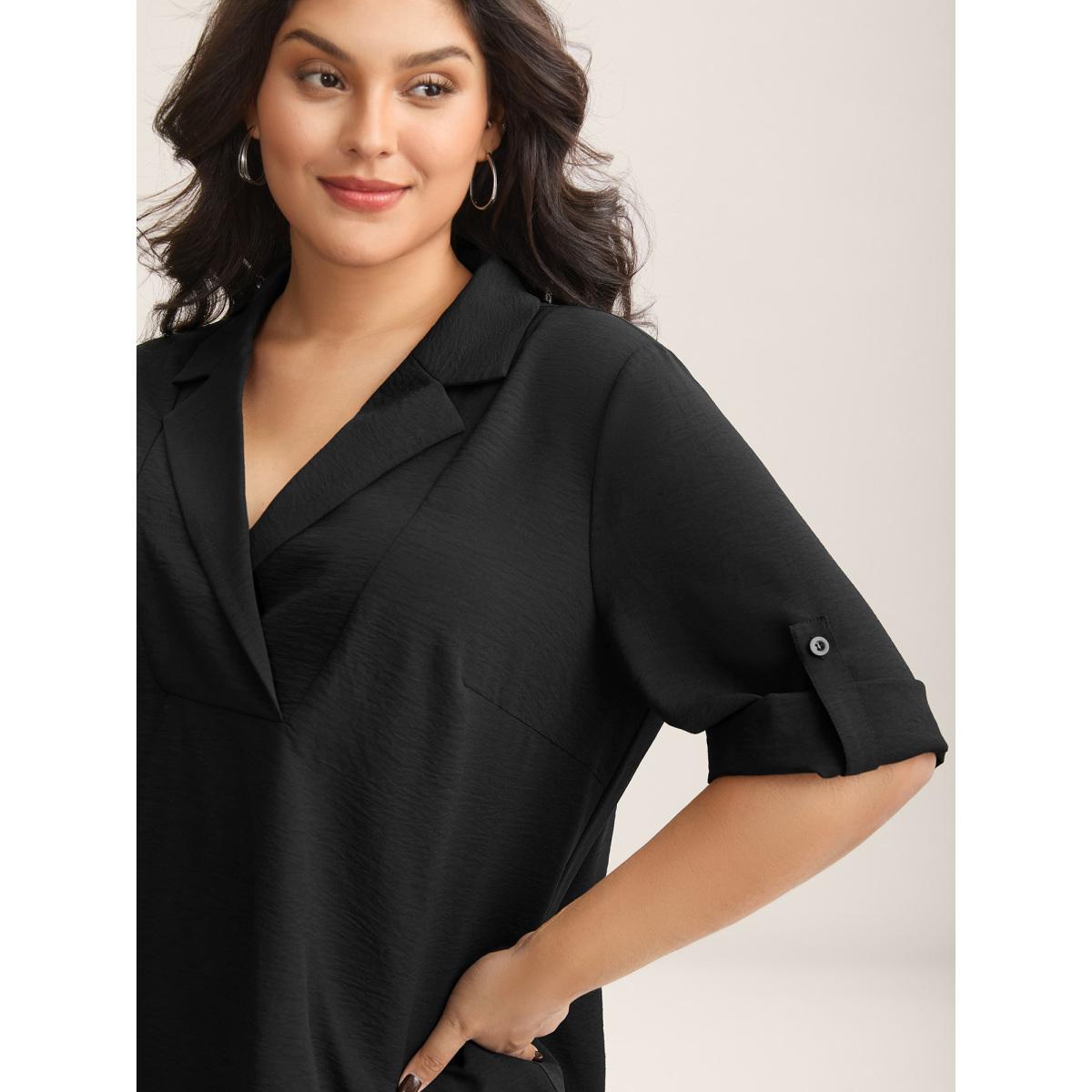 Plus Size Black Tab Sleeve Blazer Collar Blouse Women Office Elbow-length sleeve Lapel Collar Office Blouses BloomChic 10/M Product Image