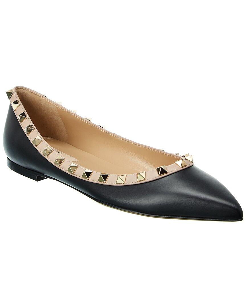VALENTINO GARAVANI Pointed Toe Studded Trim Flat Sole Ballerina In Black Product Image