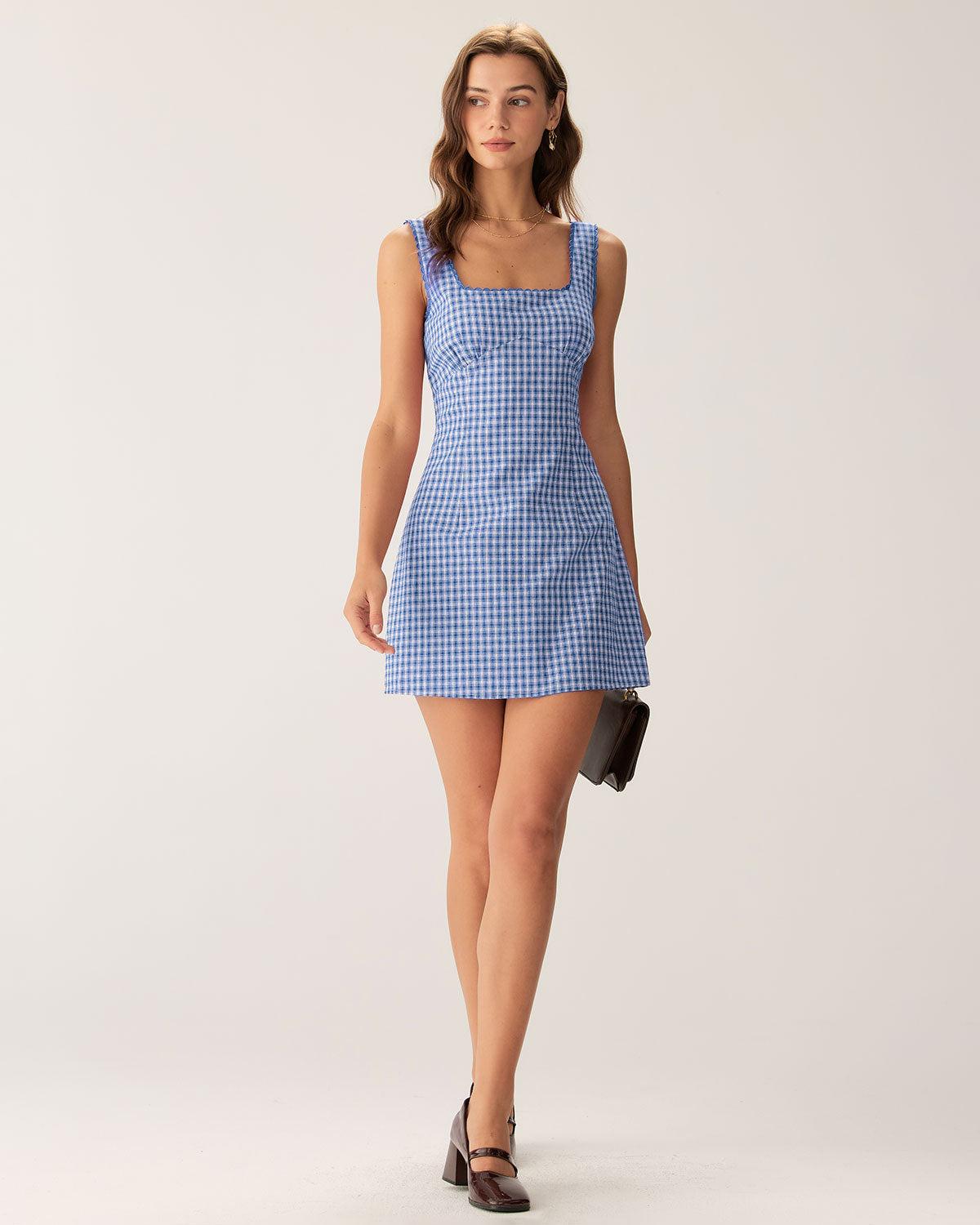 Blue Plaid Square Neck Slip Mini Dress Product Image