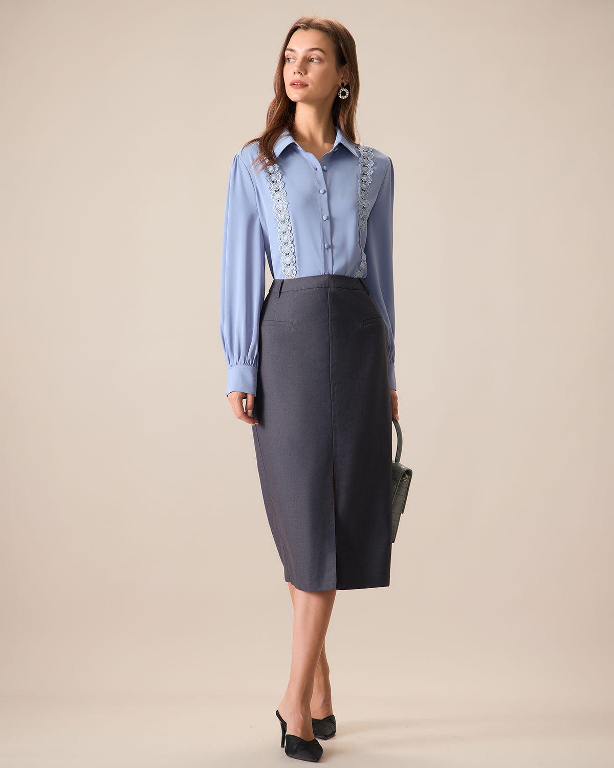 Women's Grey High-waisted Straight Slit Midi Skit Female Product Image