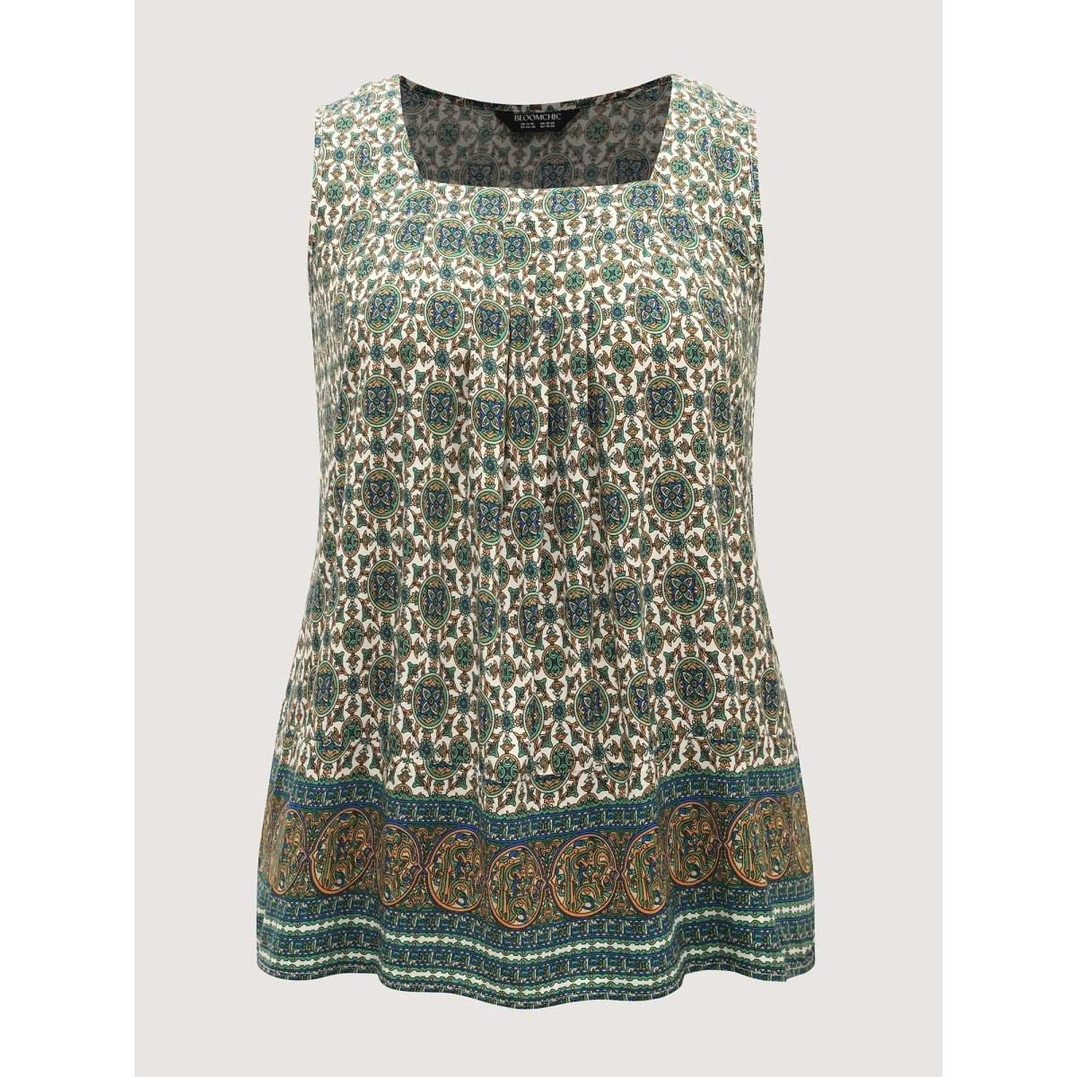 Plus Size Floral Print Pleated Neckline Tank Top Women Teal Boho Pleated Square Neck Vacation Tank Tops Camis BloomChic 12/L Product Image