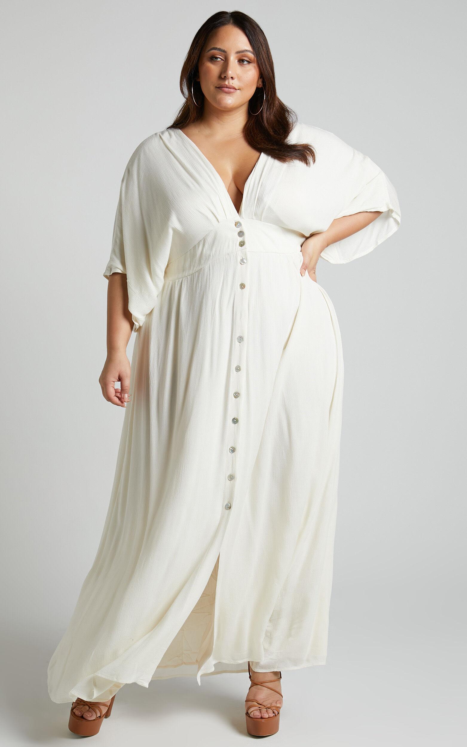 Sitting Pretty Maxi Dress - Short Sleeve Button Down Dress in Natural Product Image