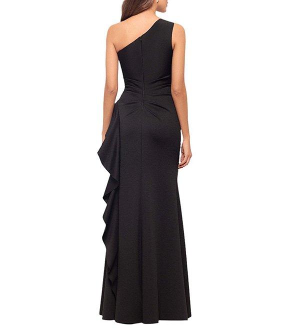Xscape Petite Size One Shoulder Side Ruffle Scuba Crepe Gown Product Image