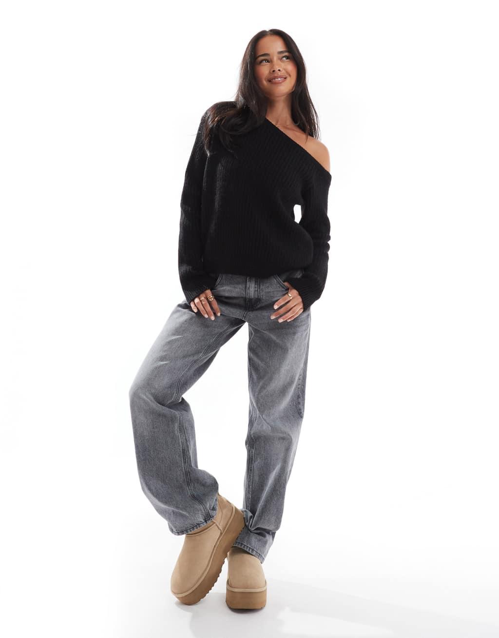 ASOS DESIGN slouchy one-shoulder sweater in black Product Image