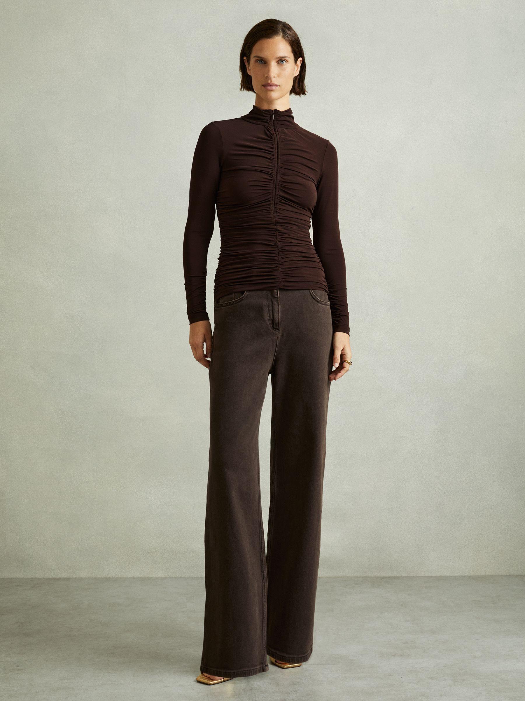 Ruched High-Neck Jersey Top in Chocolate Product Image