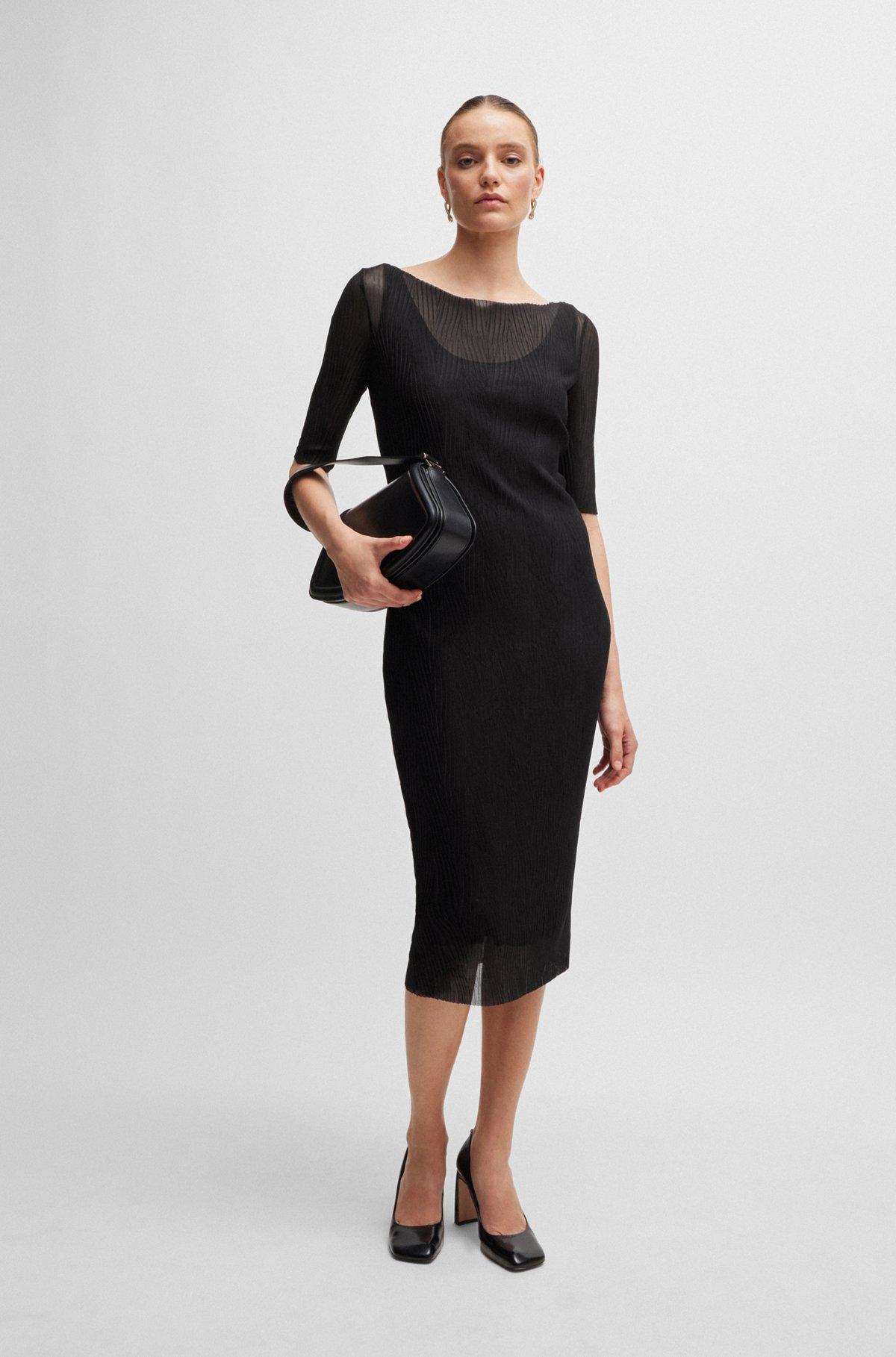 BOSS - Cropped-sleeve dress in plissé tulle - Black Product Image