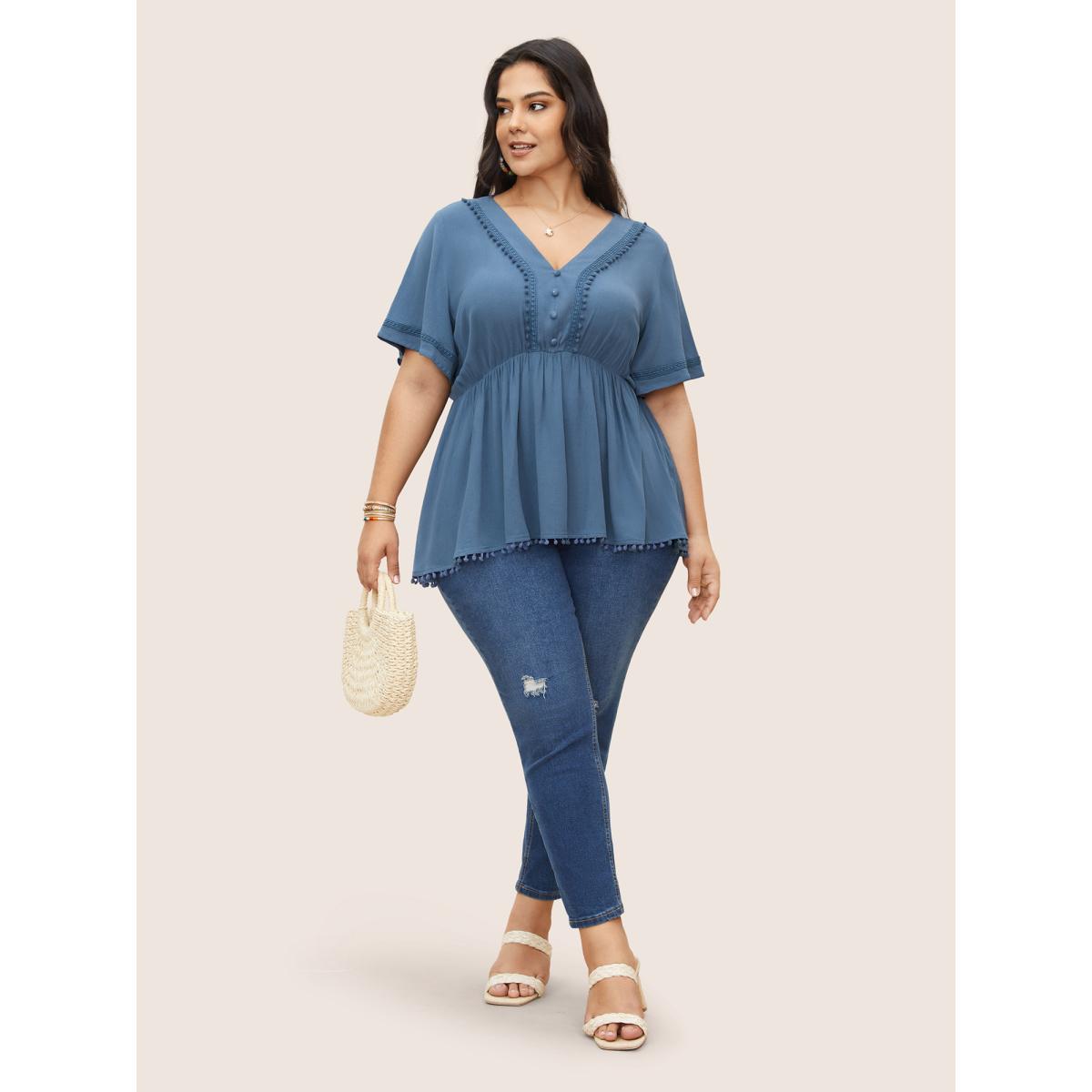 Plus Size Aegean Rayon Plain Button Detail Pompom Trim Blouse Women Resort Short sleeve V-neck Vacation Blouses BloomChic 18-20/2X Product Image