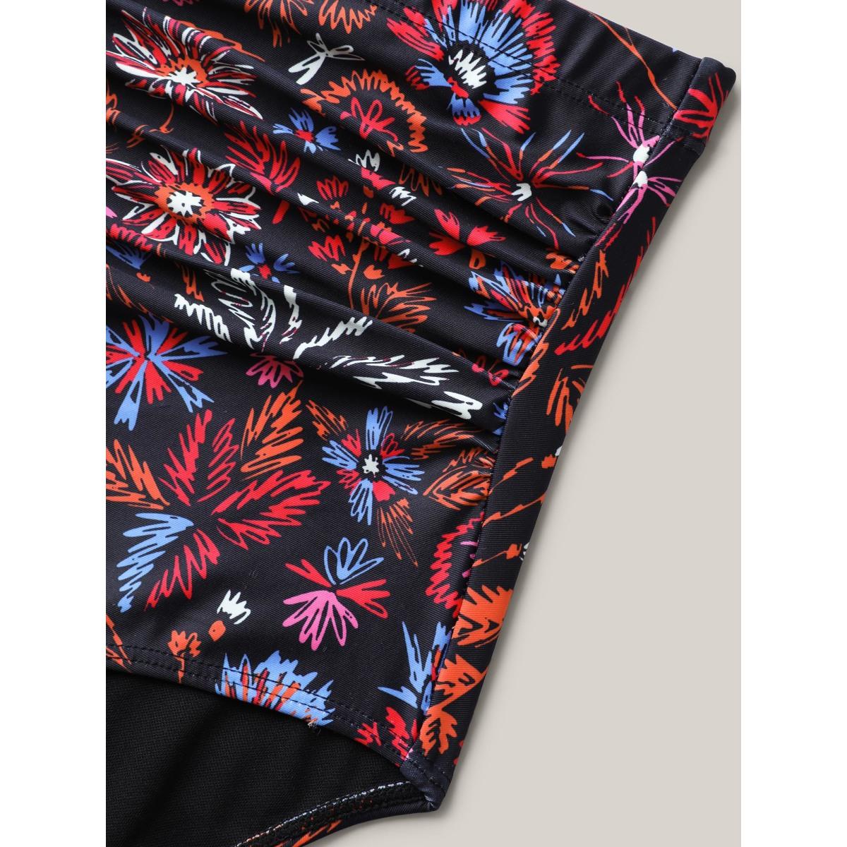 Plus Size Floral Print Ruched Swim Bottoms Women's Swimwear Black Resort Gathered High stretch Skinny High Rise Curve Swim Bottoms BloomChic 14-16/1X Product Image