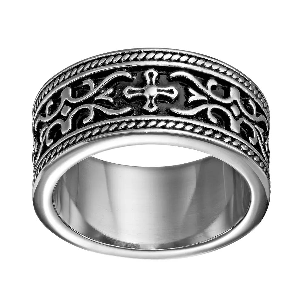 Stainless Steel Cross and Scrollwork Band - Men, Men's, Size: 10, Grey Product Image