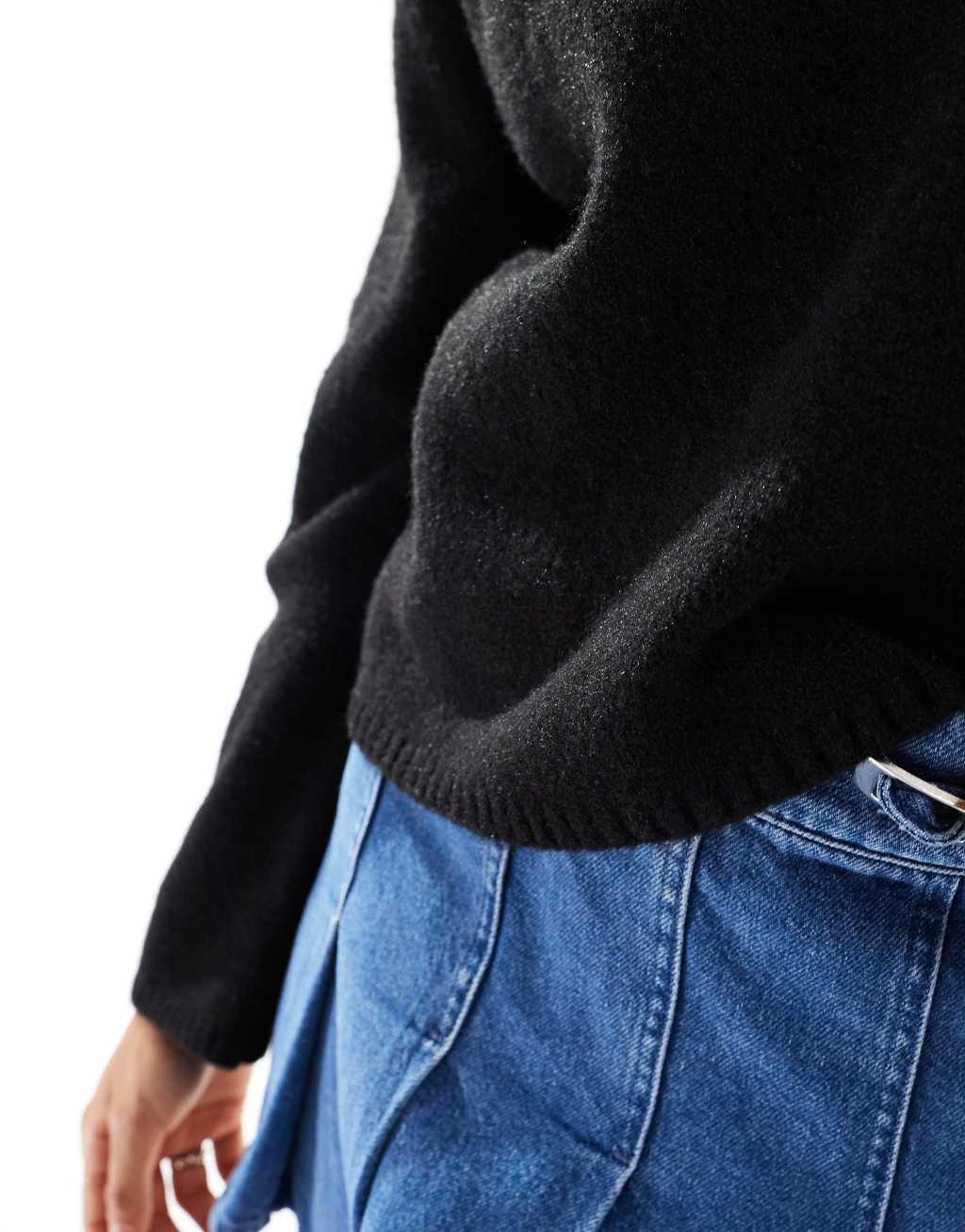 Monki knitted top with off shoulder boat neck in black Product Image