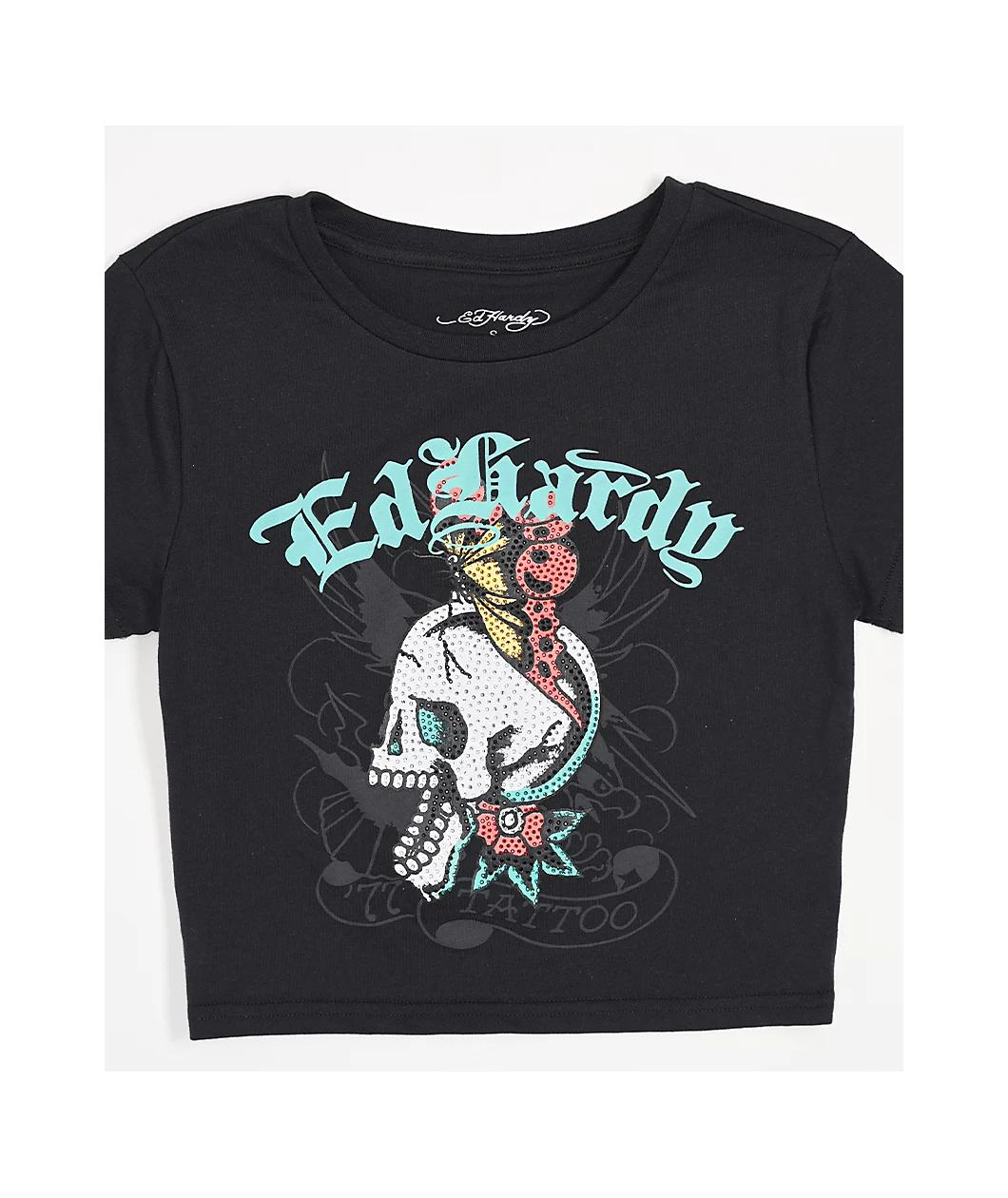 Ed Hardy Skull Butterfly Rhinestone Black Crop T-Shirt Product Image