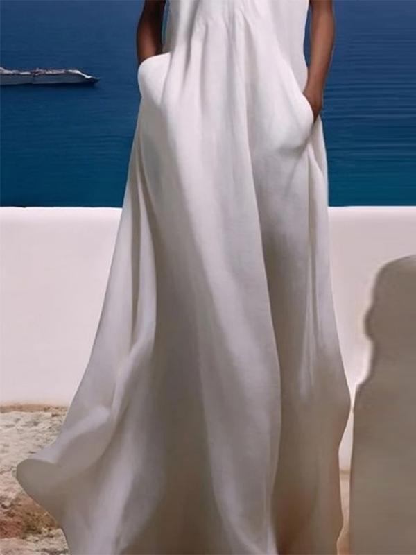 Cap Sleeve Loose Pockets Solid Color V-Neck Maxi Dresses Product Image