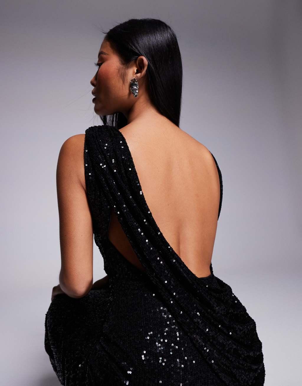 ASOS DESIGN Petite sequin high neck midi dress with asymmetric cowl back in black Product Image