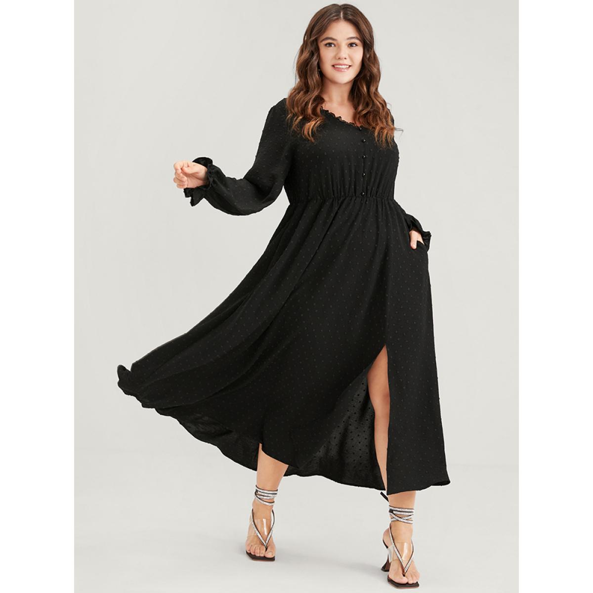 Plus Size Solid Pocket Button Lantern Sleeve Lace Trim Split Maxi Dress Black Women Elegant Gathered V-neck Long Sleeve Curvy Long Dress BloomChic 30/6X Product Image